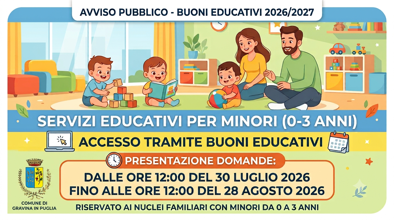 Avviso pubblico rivolto ai nuclei familiari per l'accesso ai servizi educativi per minori da zero a tre anni tramite Buoni educativi A.E. 2026/2027.  Presentazione delle domande a partire dalle ore 12:00 del 30 luglio 2026 e fino alle ore 12:00 del 28 agosto 2026 per l’accesso ai Buoni Educativi destinati ai nuclei familiari con minori di età compresa tra 0 e 3 anni